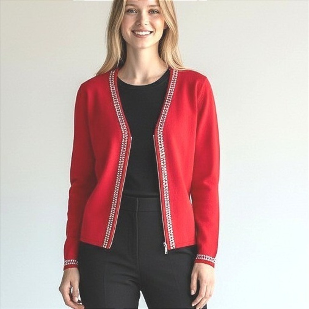 Belldini Red Rhinestone Embellished Zip Front V-Neck Knit Cardigan Sweater Small